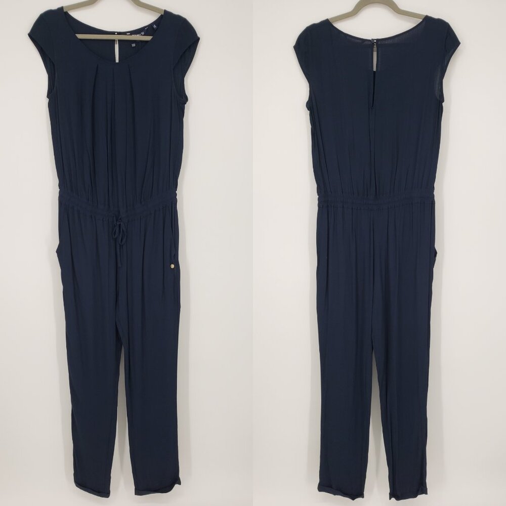 Woolrich Fluid Crepe Jumpsuit S Womens Navy Blue Tapered Legs Ankle Drawstring